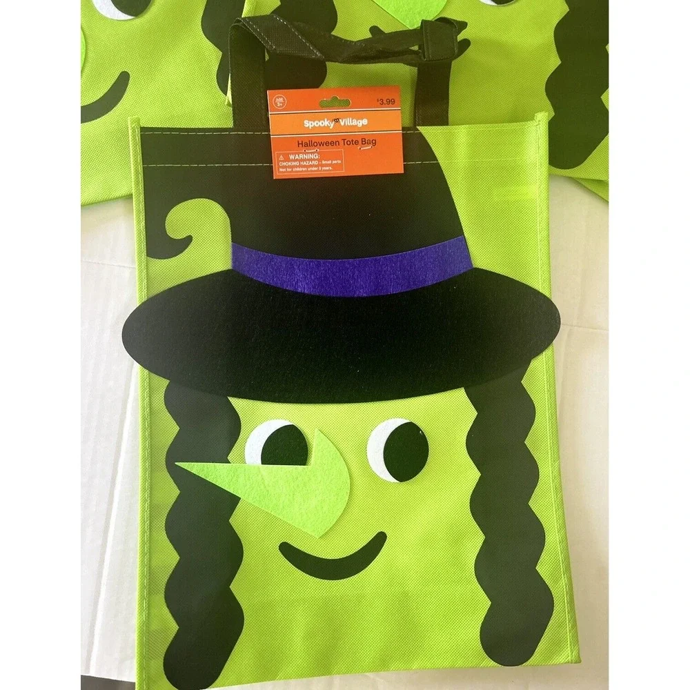 Trick or Treat Candy Bags Totes Halloween Fabric Witch Large Lot‎ of 4 Green New